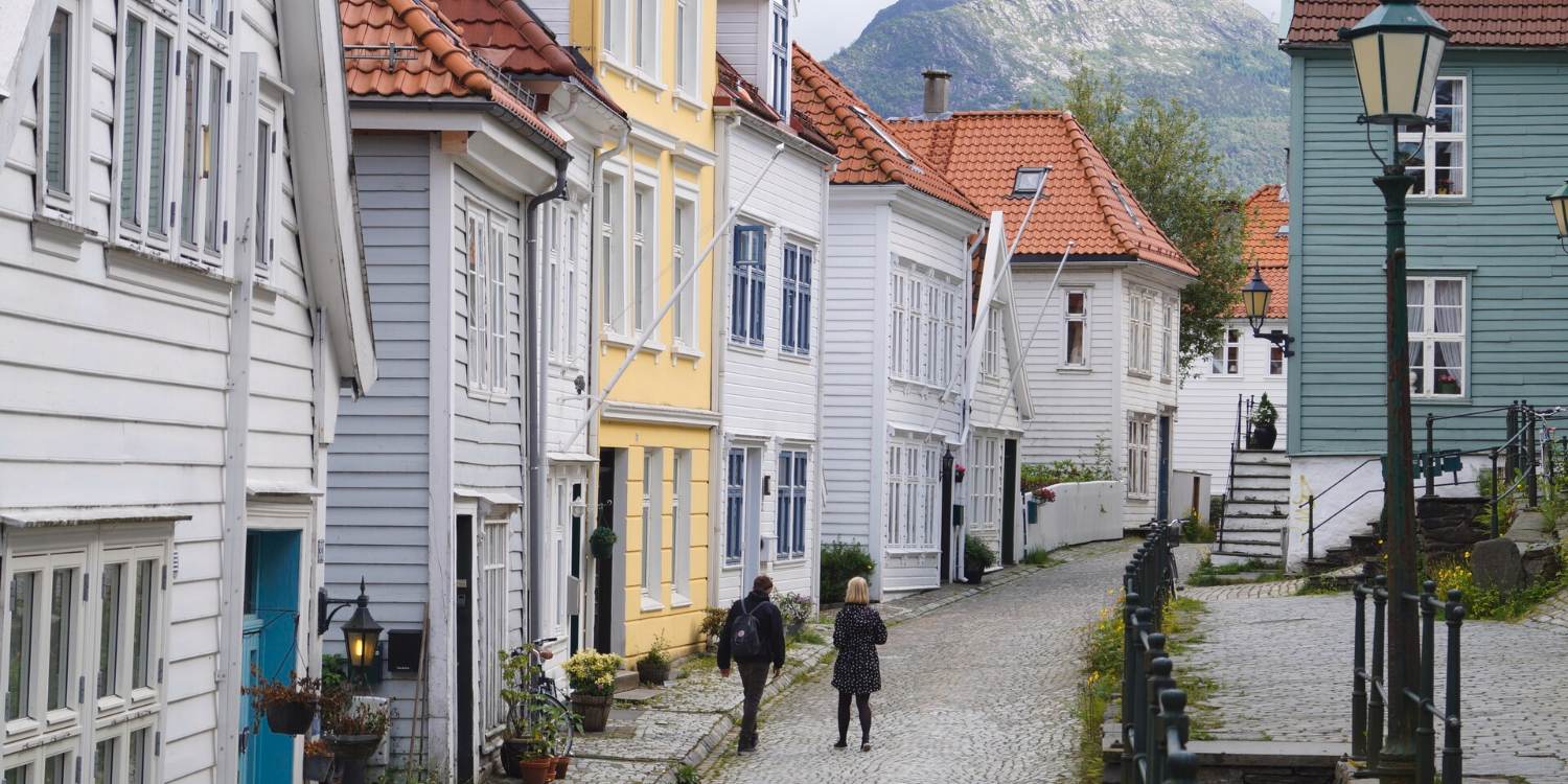 Neighborhoods in Bergen city centre - Nordnes - wooden houses in narrow cobblestone streets