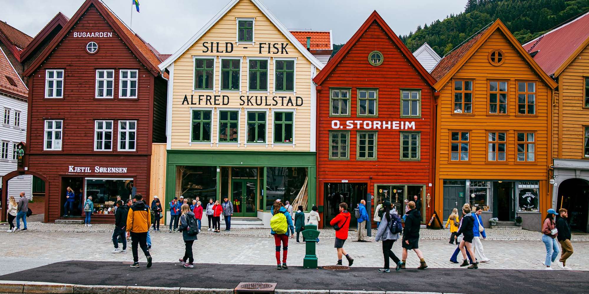 Four iconic houses on the Bryggen in Bergen, a UNESCO World Heritage site.